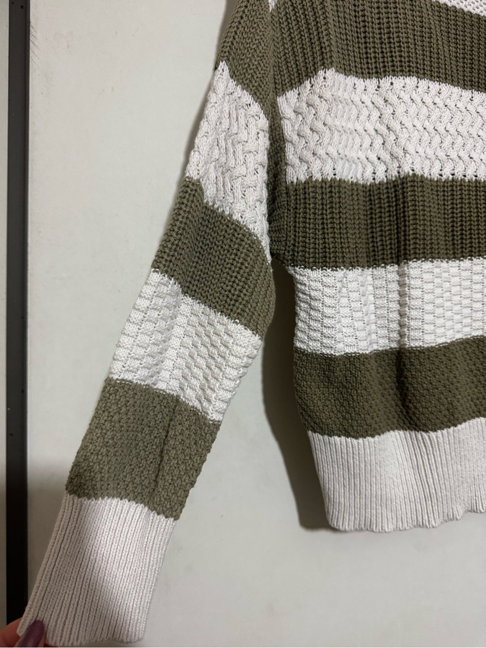 Women’s Olive and White Striped Crewneck Sweater - Picture 4 of 5